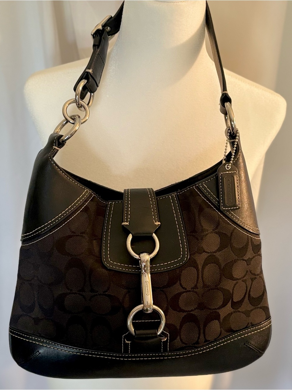 Vintage Coach Hampton Hobo Shoulder Bag Leather Signature C Jacquard Purse 10242